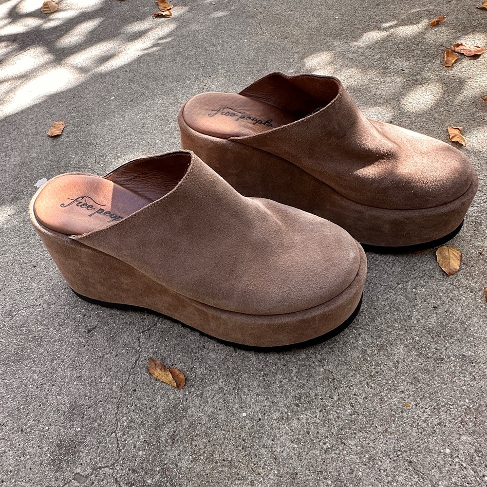 Free People Tan Suede Platform Mules
